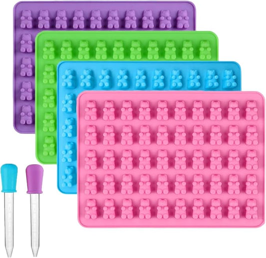 2 Piece Gummy Bear Silicone Molds, Non-Stick Chocolate Candy Mold with 2 Droppers Food Grade (Purple+Blue+Pink+Green)