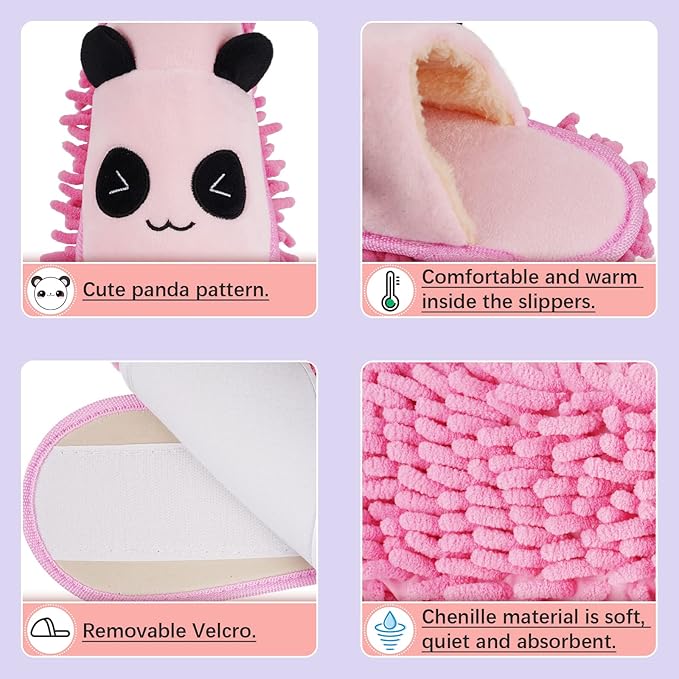Liitrton 1 Pair Detachable Mop Slippers Shoes Microfiber Chenille Soft Comfortable Dust Dirt Hair Cleaner for Room Bathroom Kitchen Office (Pink Panda)