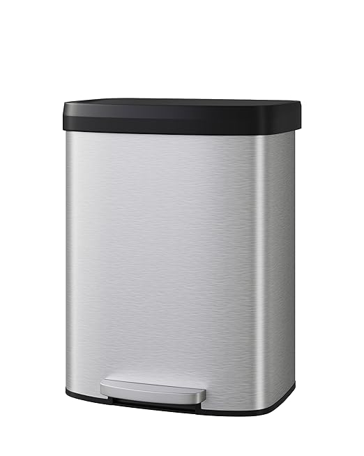 Garvee 16 Gallon / 60 Liter Stainless Steel Trash Can with Lid, Large Garbage Can for Kitchen, Rustproof Step-on Kitchen Metal Trash Bin with Liner Rim, Rear Handle, Soft Close Plastic Lid, Silver