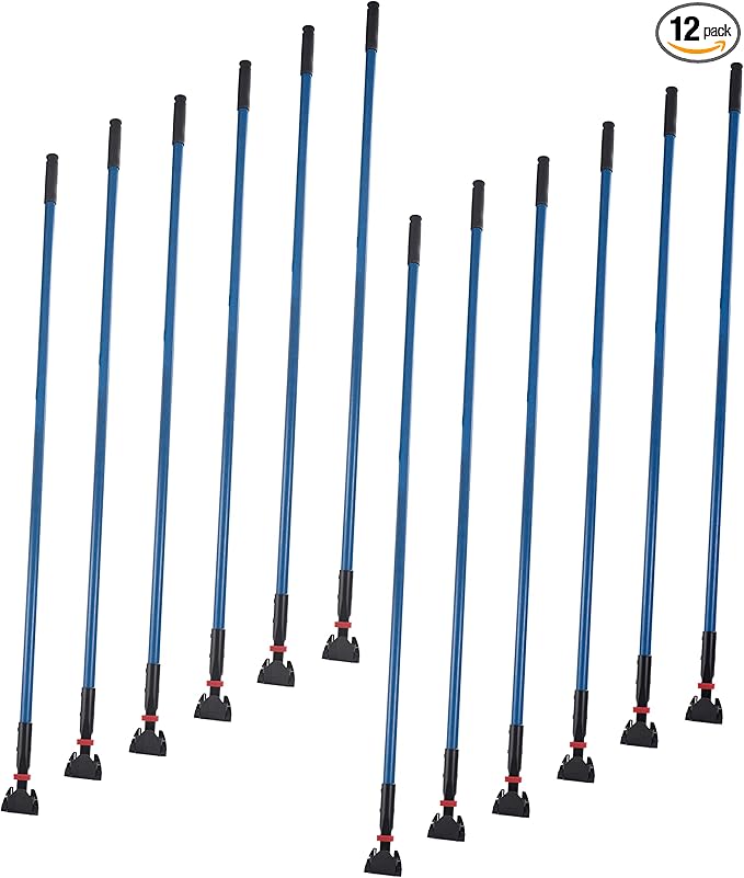 Matthew Cleaning Commercial Quick-Change Dust Mop Handle with Clip-on Metal Gripper for Heavy Duty Mop Head Replacement Holder, Fiberglass Handle 60 inch 12packs-Blue