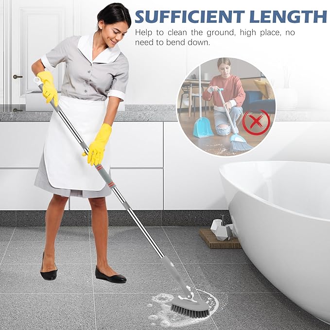 SetSail Floor Scrub Brush, 3-In-1 Tile Tub Floor Scrubber with 52-inch Adjustable Long Handle Shower Cleaner Brush and 3 Detachable Replacement Brush Heads for Cleaning Bathroom Kitchen Tub Tile, Grey