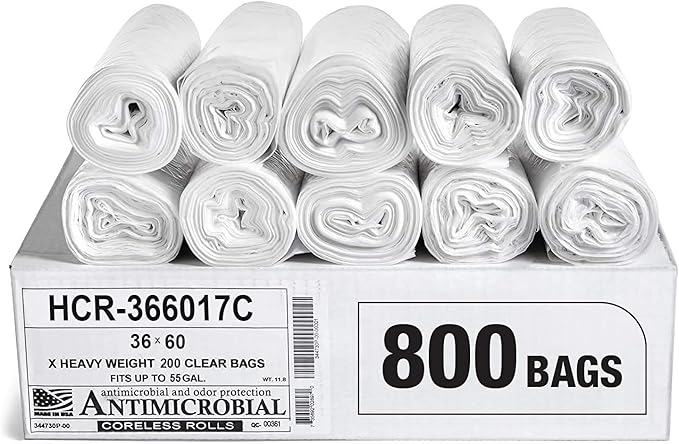 Aluf Plastics High Density Trash Bags, 55 Gallon, 800 Count, 17 Micron (eq), 36" x 60", Clear, for Bathroom, Office, Industrial, Commercial, Janitorial, Municipal, Recycling
