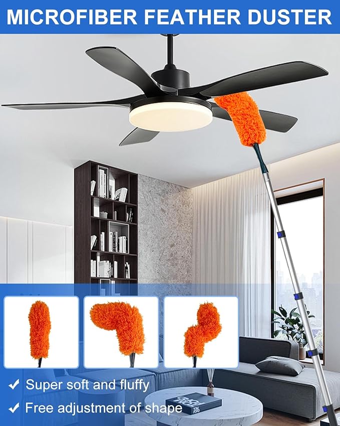26 Foot High Reach Duster Kit with 5-19 ft Telescoping Extension Pole, High Ceiling Duster, Cobweb Duster, Window Squeegee, Feather Duster, Outdoor & Indoor Extendable Duster Cleaning Kit
