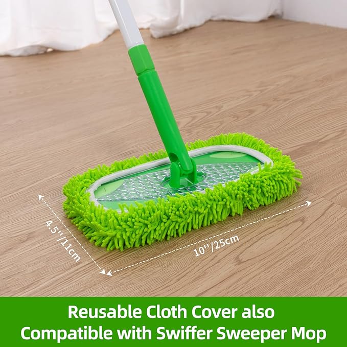 Baseboard Cleaner Tool with Handle, Extendable Long Handle Baseboard Cleaning Duster with Reusable Pads for Floorboard, Ceiling, Wall, Floor, Bathroom Kitchen (Green)