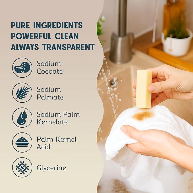 QLEAN Vegan Stain Remover Bar for Fabrics, Laundry Bar Soap for Clothes – Plant-Based, Travel-Friendly Stain Remover for Grease, Wine, Coffee, Grass & More – Non-Toxic & Safe for Delicates (3)