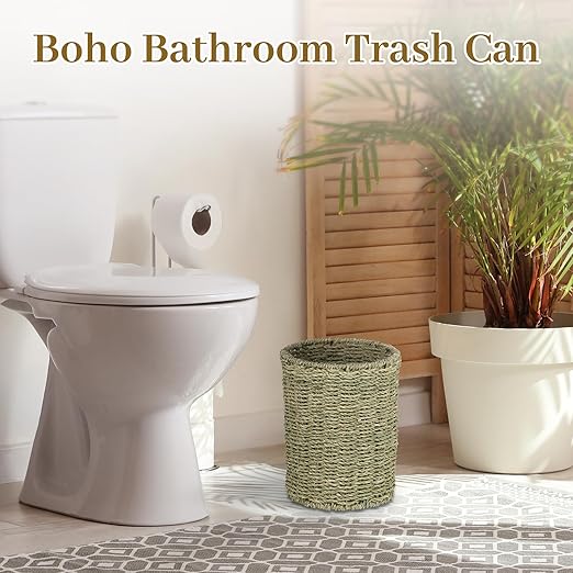 Boho Wicker Trash Can with Lid,Waterproof Bathroom Trash Can Hand Woven Wicker Waste Baskets for Kitchen Office Bedroom