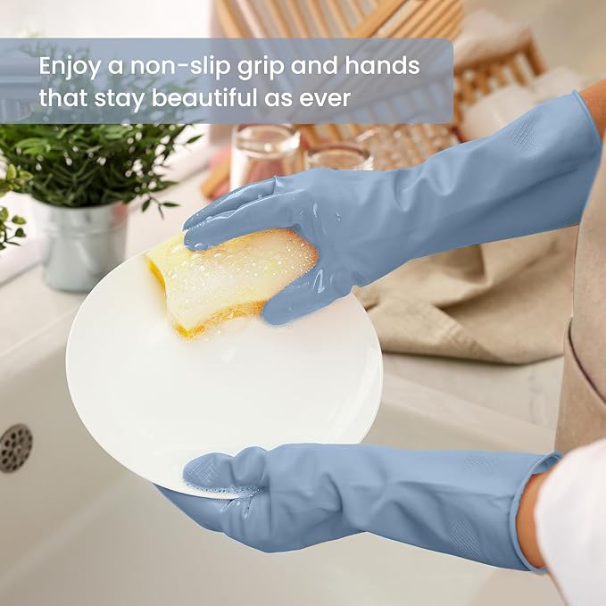 Rubber Cleaning Gloves for Dishwashing, 4 Pairs Reusable Kitchen Gloves for Washing Dishes and Household Cleaning, Blue Dish Gloves with Flocked Lining and Non-Slip Grip, Pefect for Woman Men - M