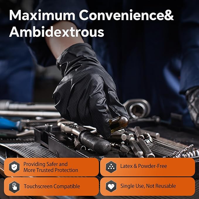 HEAVY DUTY 10 Mil Nitrile Gloves Disposable Mechanic Rubber Gloves Industrial with Raised Diamond Texture,Latex Free