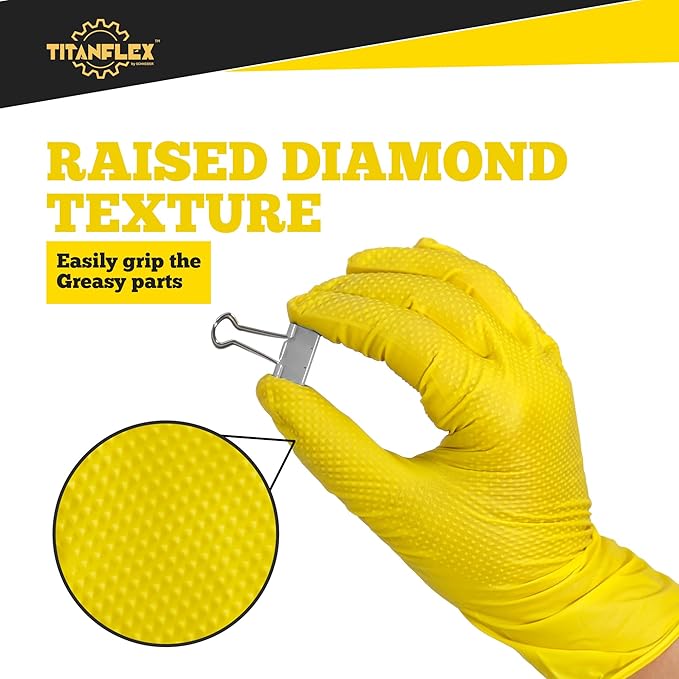TitanFlex Heavy Duty Nitrile Gloves, 6 Mil Yellow Raised Diamond Texture, Mechanic Disposable Gloves, Latex Free