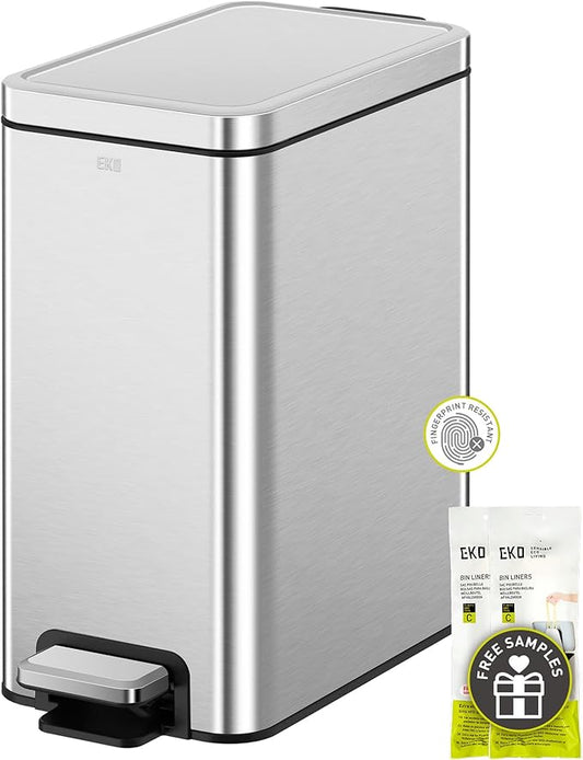 EKO Small Bathroom Trash Can with Lid Soft Close, Step Pedal, 10 Liter / 2.6 Gallon Stainless Steel Garbage Can with Removable Inner Bucket, Anti-Fingerprint Finish (Silver)