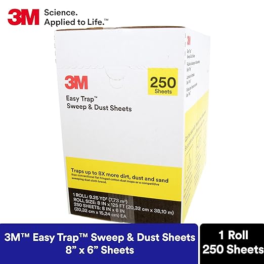 3M Easy Trap Sweep and Dust Sheets, 1 Roll of 250 8" x 6" Sheets, Disposable Easy Sweep Floor Duster, Picks Up 8x More Dirt, Dust, Sand, Hair, Works on Dry or Wet Surfaces, 55654W