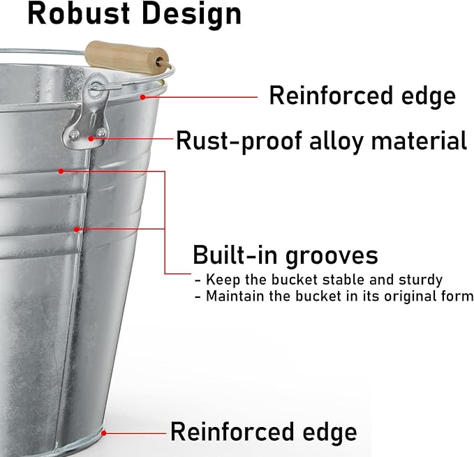 4 Gallon Galvanized Ice Bucket - Large Rustproof Metal Bucket Drink Tub with Wood Handles - 13" Beverage Bucket for Party BBQ Wedding Home Décor & Storage - 13"L x 13"W x 12"H - 2 Pack