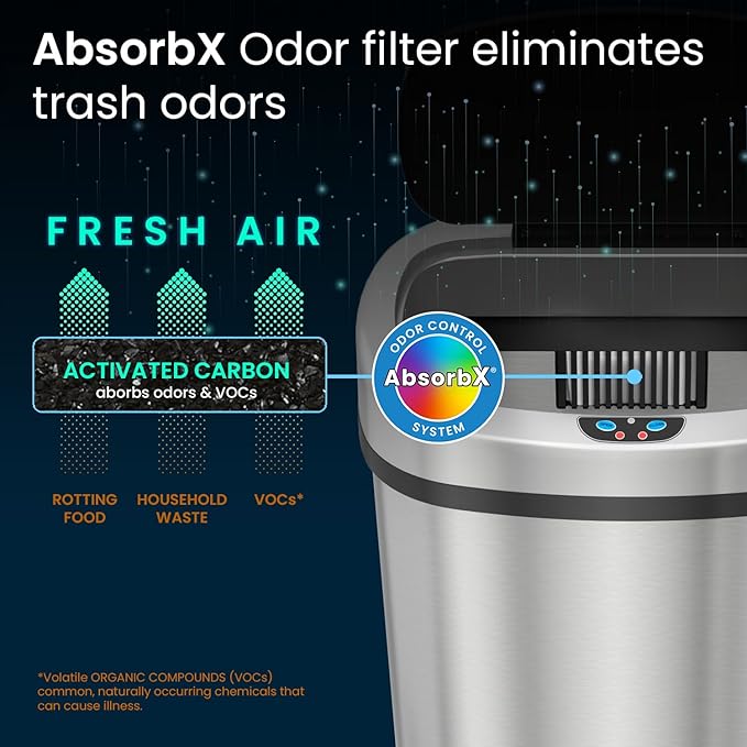 iTouchless Glide 13 Gallon Sensor Trash Can with Wheels and Odor Control System, Stainless Steel, Oval Shape Automatic Kitchen and Office Garbage Bin (Powered by Battery or Optional AC Adapter)