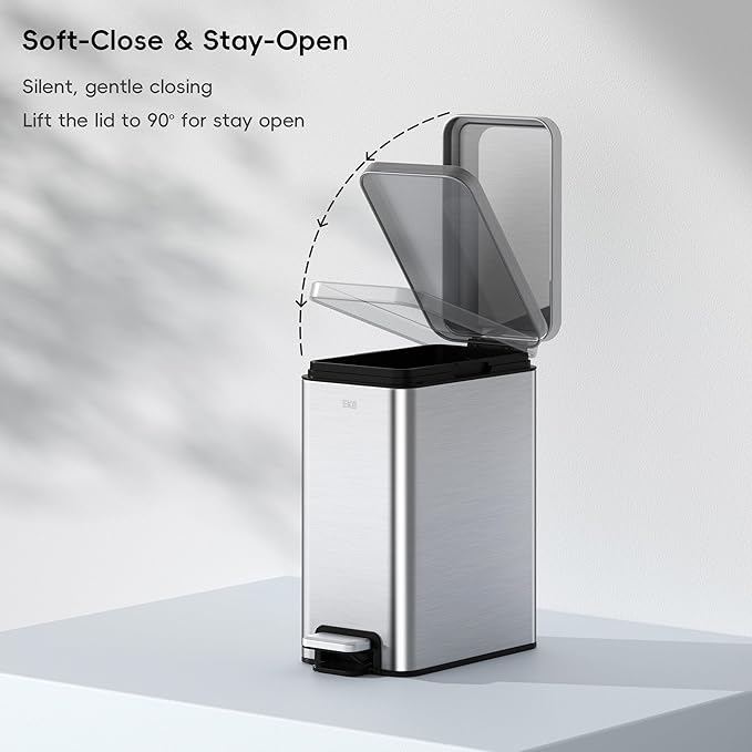 EKO Small Bathroom Trash Can with Lid Soft Close, Step Pedal, 10 Liter / 2.6 Gallon Stainless Steel Garbage Can with Removable Inner Bucket, Anti-Fingerprint Finish (Silver)