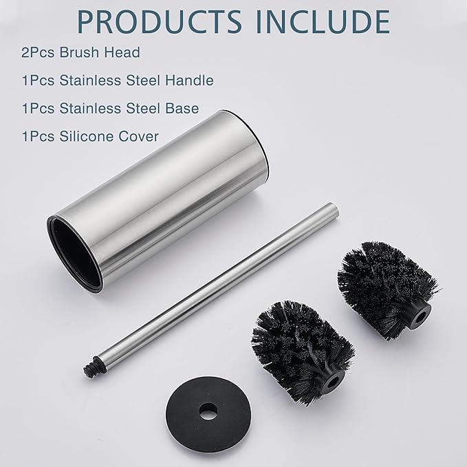 FORIOUS Toilet Brush and Holder Set Brushed Nickel, 304 Stainless Steel Long Handle and Heavy Duty Base for Bathroom Deep Cleaning, Drip-Proof, Space Saving for Storage, 2 Toilet Bowl Brush Head