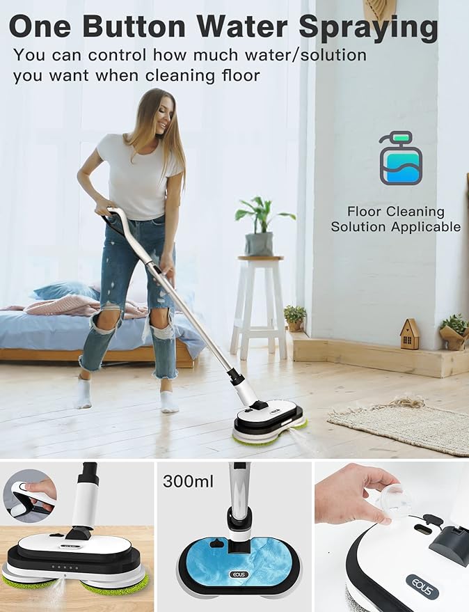 Cordless Electric Mop, Floor Cleaner with LED Headlight & Water Sprayer, Up to 60 Mins Detachable Battery, Dual-Motor Powerful Spin Mop, 300ML Water Tank for Multi-Surface, Self-Propelled