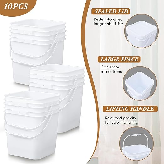 Mumufy 10 Pcs 3.5 Gallon Square Food Grade Bucket with Lid Plastic Pail with Handle and Lid Square Buckets for Storing Dry Food Charcoal Camping Fishing(White)