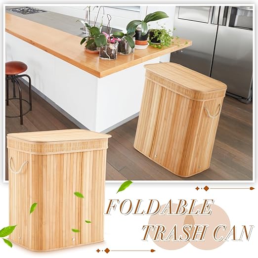 2 Pack Bamboo Slim Trash Can with Lid, 21 Gallon Large Foldable Slim Rectangular Garbage Can Bamboo Waste Basket for Bathroom Bedroom Office Home Salon Spa (24.8×20.9×13 Inches,Wooden Color)