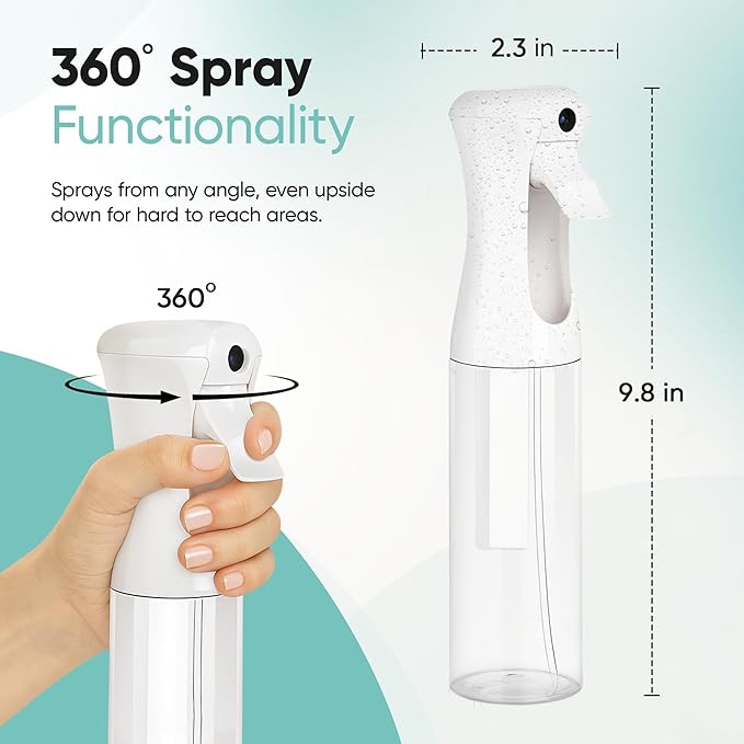 Aquableu Spray Bottle for Hair – Continuous Mist Spray Bottle for Hair Care, Styling, Cleaning, Plants, Pets & Essential Oils (Clear, 10oz)