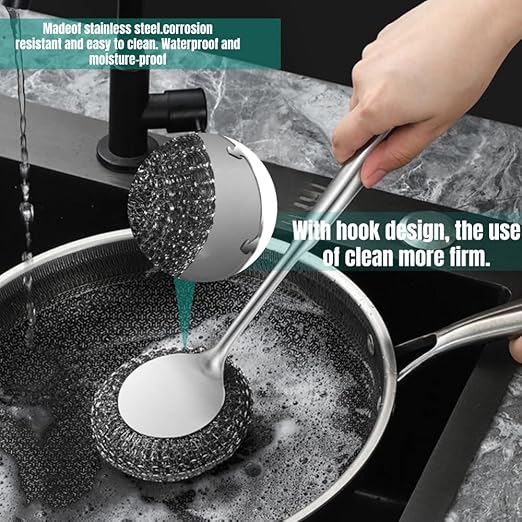 Steel Wool Scrubber with Handle: 7Pcs Stainless Steel Scrubber Brush Set – 1 Long Brushes,1 Short Brushes,4 Replaceable Pads,1 Screwdriver for Home Cooks,BBQ Enthusiasts,Anti-Scratch,for Kitchen