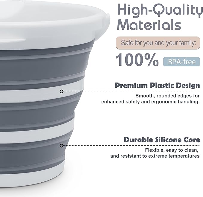 Collapsible Bucket, 2.6 Gallon (10L) - Foldable Mop Bucket for House Cleaning, Car Washing, Camping - Portable Water Pail for Outdoor, RV, Travel (Grey, Round)