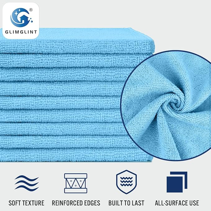GLIMGLINT Blue Microfiber Cleaning Cloth, 150 Pack Microfiber Towels for Cars, Lint Free, Scratch-Free, Highly Absorbent, Reusable Cleaning Rags for Car, Household, Shop Towels 14"X12"