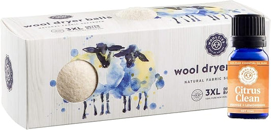 Woolzies Organic Wool Dryer Balls: 3 Pack XL Dryer Balls & Citrus Clean Essential Oil Blend | All Natural Laundry Fabric Softener Balls | Made with 100% New Zealand Wool | Best Essential Oil Balls