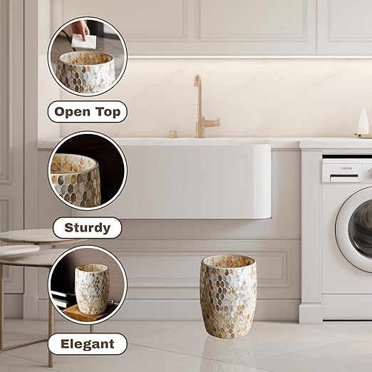 Escenzy Natural Shell Bathroom Trash Can Mosaic Glass 5L | Decorative Small Garbage Can | 7" x 10" | Luxury Waste Basket for Restroom, Office, Bedroom & Kitchen | Shiny Glass Bathroom Accessories