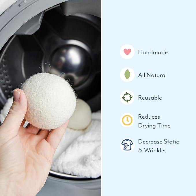 ELYN Wool Dryer Balls 6-Pack - XL, 100% New Zealand Wool, Reusable and Handmade. Fragrance-Free, Natural Fabric Softener, Reduce Wrinkles and Decrease Drying Time (White)