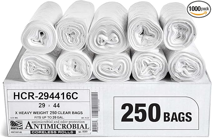 Aluf Plastics High Density Trash Bags, 26 Gallon, 1000 Count, 16 Micron (eq), 29" x 44", Clear, for Bathroom, Office, Industrial, Commercial, Janitorial, Municipal, Recycling