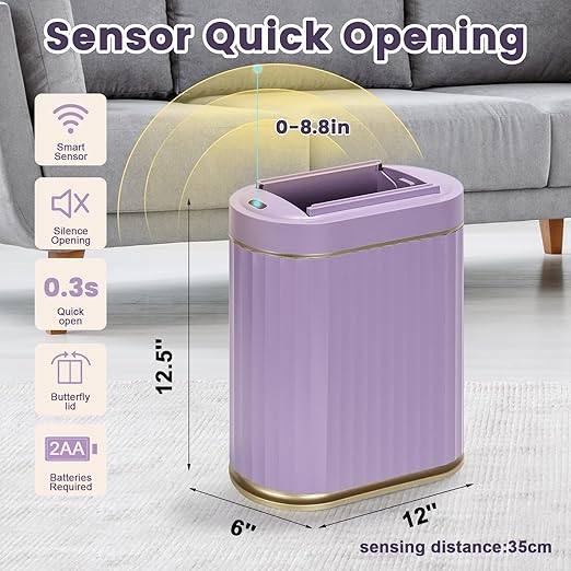 ELPHECO Bathroom Trash Can with Lid Butterfly, Motion Sensor Trash Can Bathroom Decor Automatic Garbage Can Wastebasket Bathroom Accessories, Kitchen, Living Room, Office, Purple Gold