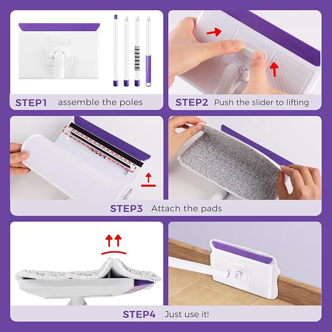 Baseboard Cleaner Tool with Handle 2.0, 60" Extendable Long Handle, Dust Trapping and Locking, 5 Reusable Pads, Purple Base Boards Cleaning Tool for Moldings, Wall, Floor, Bathroom, Kitchen