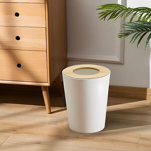 White Trash Can for Bedroom with Bamboo Lid, 2.4 Gallon Open Top Trash Can 3 Pack, Modern Aesthetic Garbage Can for Room Office Living Room, Small Bathroom Trash Bin Boho Style