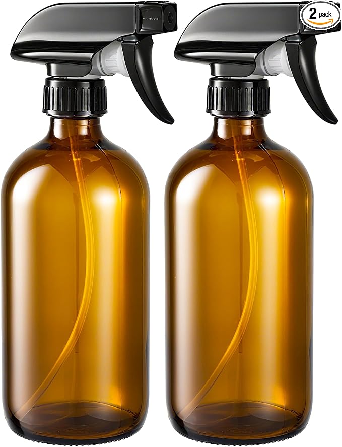 Supercenter Glass Spray Bottles, Amber Glass Spray Bottles, 16oz, Adjustable Nozzle for Stream and Spray, Reusable, for Essential Oils, Cleaning Products, Detergents(2PS)