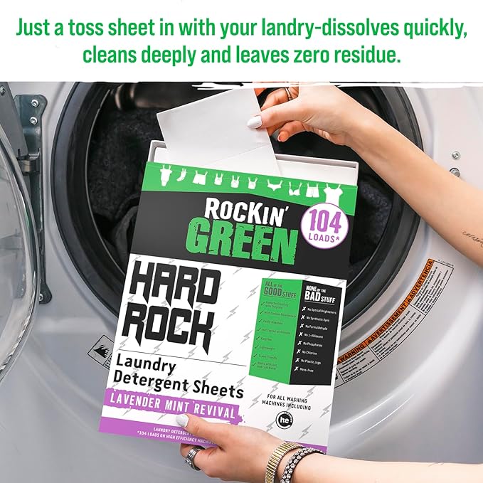 Rockin' Green Hard Rock Travel Laundry Detergent Sheets for Hard Water - Mess-Free Laundry Sheet Detergent with Sodium Bicarbonate - Easily Dissolvable Laundry Soap Sheets (104 Loads, Lavender Mint)