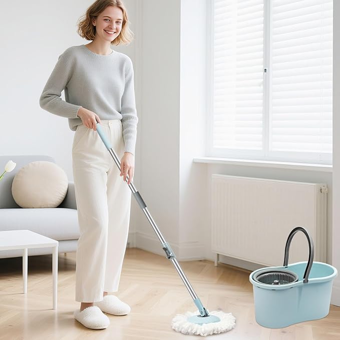 Spin Mop and Bucket with Wringer Set, 360° Spinning Mop Bucket System with 3 Microfiber Mop Replacement Heads and 50" Stainless Steel Adjustable Handle for Floor Cleaning (15QT)