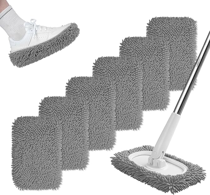 6PCS Reusable Mop Pads Fit for Flat Mops, Chenille Mop Refill Pads Washable Mop Covers, Household Replacement Mop Pads Wet & Dry Sweeping Cloths Mopping Pad Refills for Hardwood Floor Cleaning (Gray)