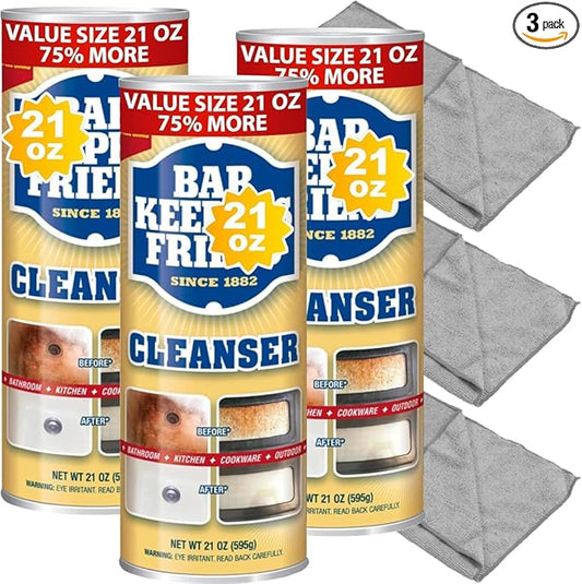 Cleaning Bundle: Bar-Keeper’s-Friend Cleanser Powder 21 oz - 3 packs Plus 3 Microfiber Cleaning Cloth 16x12