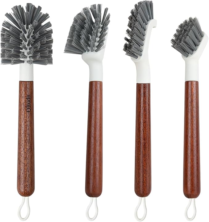 4-Pack Heavy Duty Scrub Brushes with 11" Sapele Wood Handle – PBT Bristles & TPR Loop – Kitchen, Bathroom, Grout, Dish & Tile Cleaner – Durable Non-Slip Multi-Surface Cleaning Brush Set