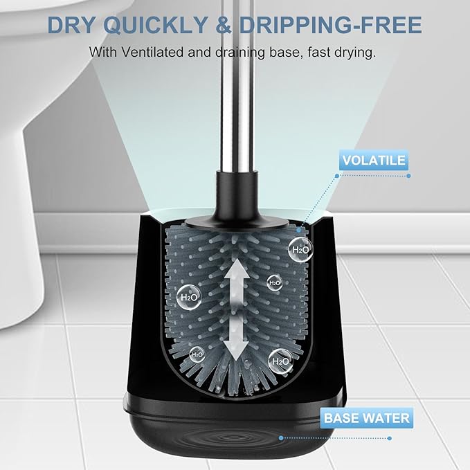 SetSail Silicone Toilet Bowl Brush and Automatic Holder Toilet Brush for Bathroom with Holder Ventilated Toilet Cleaner Brush for Toilet Scrubber Cleaning, Black
