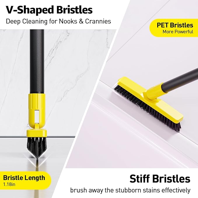 Grout Brush with Long Handle, Rotation Tile Grout Cleaning Tool, Wall Cleaner Mop, Baseboard Scrubber with 1 Chenille Duster for Painted Walls, Floor and Corners, V-Shape Shower Scrubber Cleaner -59in