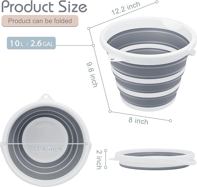 2 Pack Collapsible Bucket, 2.6 Gallon (10L) - Foldable Mop Bucket for House Cleaning, Car Washing, Camping - Portable Water Pail for Outdoor, RV, Travel (Grey, Round)