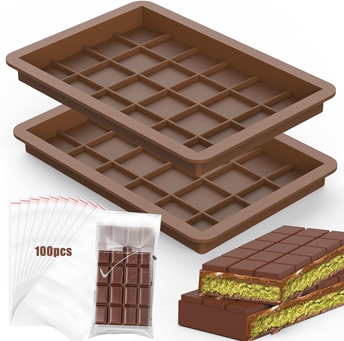 Juome Large Chocolate Bar Mold Deep 2 Pack - 1 Inch Deep Silicone Thick Molds for Stuffed Chocolate, Filling Knafeh Pistachio Candy With 100Pcs Bags