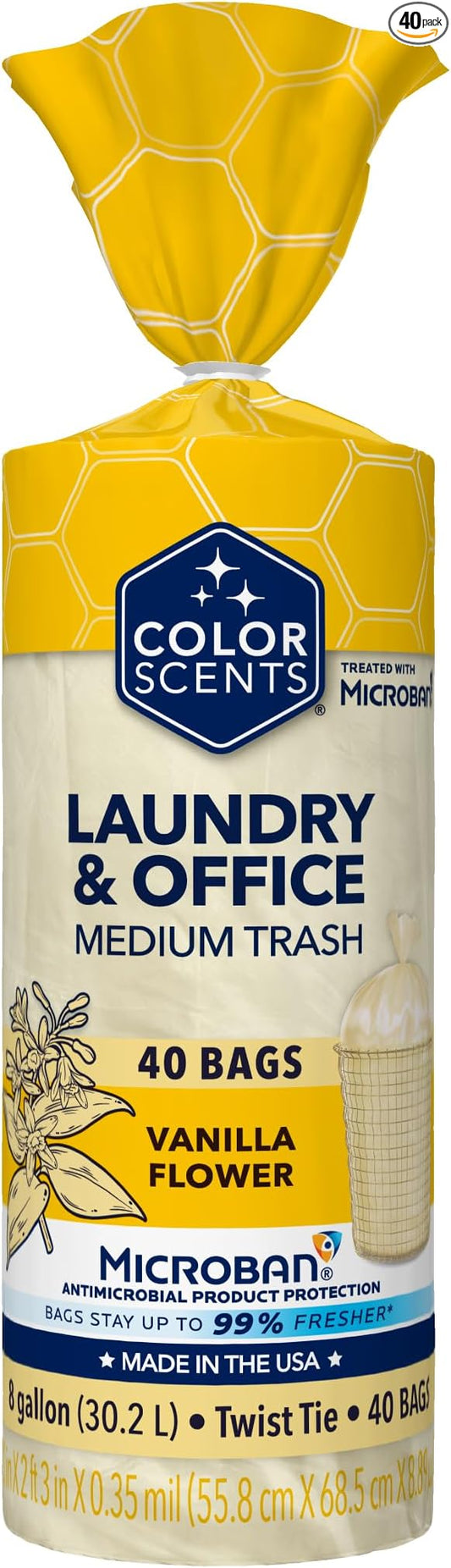 Color Scents Medium Trash Bags - 8 Gallon, 40 Bags (1 Pack of 40 Bags) Twist Tie - Cream Color Bag in Vanilla Flower Scent with Microban