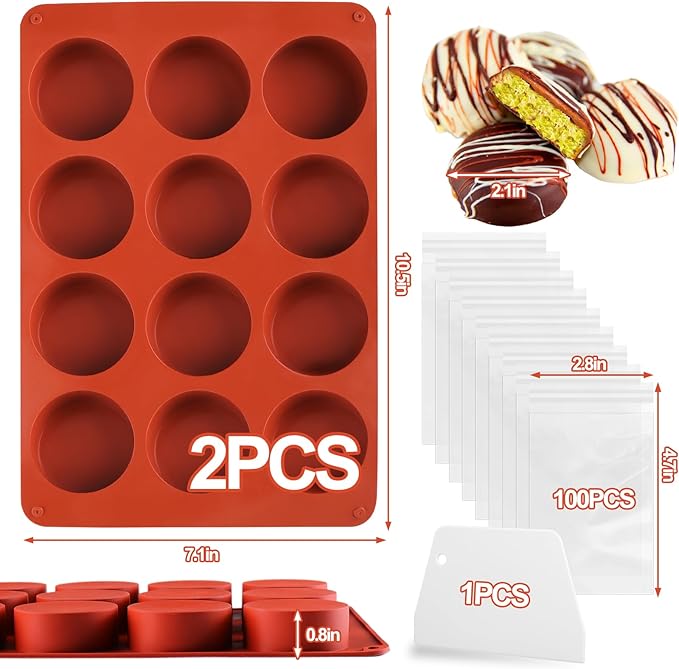 Mity rain Chocolate Bar Mold Deep, Silicone Dubai Chocolate Bar Pistachio Molds with Bags Scraper, Round Fix Chocolate Bar Dubai Candy Bar Mold for Filling Knafeh Pistachio Cream（2pc）