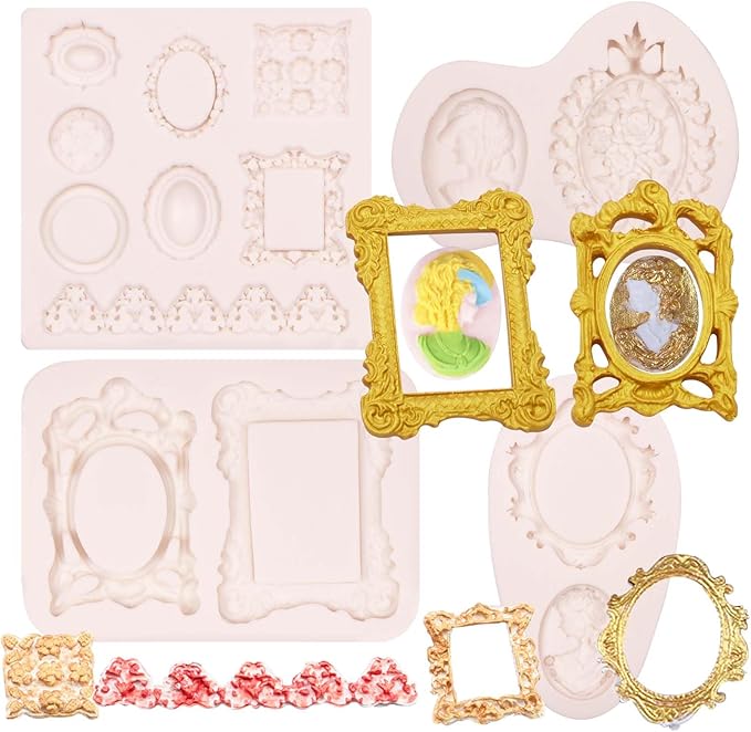 Frame Molds Fondant Silicone, 4 Packs Photo Frame Baroque Vintage Jewel Silicone Chocolate Molds, for Cake Mirror Frames Decoration, Cupcake Toppers, Resin Clay Sugar Gum Paste Polymer