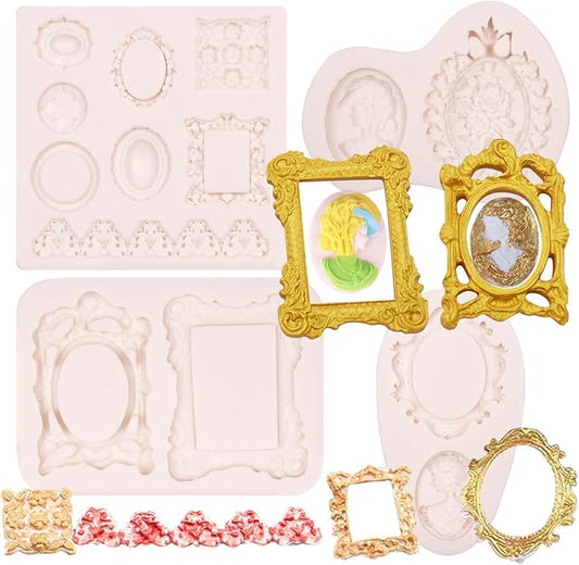 Frame Molds Fondant Silicone, 4 Packs Photo Frame Baroque Vintage Jewel Silicone Chocolate Molds, for Cake Mirror Frames Decoration, Cupcake Toppers, Resin Clay Sugar Gum Paste Polymer