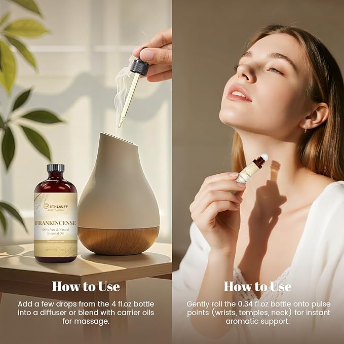 Frankincense Essential Oil (4 fl.oz Bottle + 0.34 fl.oz Roll-On) — Frankincense Oils for Aromatherapy, Diffusers, Humidifiers, Home fragrances, DIY Skincare, Candle, Soap Making, Relaxation, Yoga