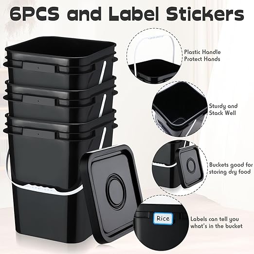 Vesici 6 Pcs 5 Gallon Food Grade Square Buckets with Lids 5 Gal Plastic Food Storage Square Bucket Heavy Duty Industrial Pail Container with DIY Label Stickers Handles for Water Painting(Black)