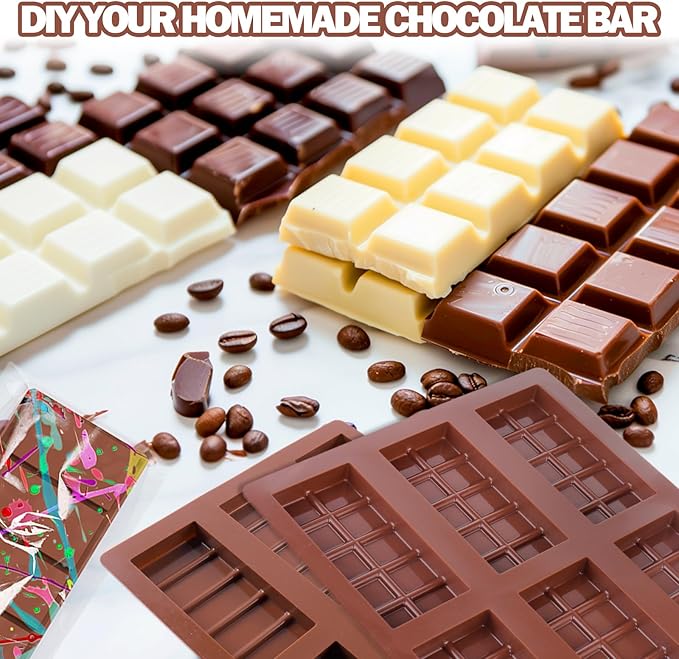 Mity rain 4pcs Chocolate Bar Mold Deep, Silicone Thick Chocolate Bar Mold for Stuffed Bar, Knafeh Pistachio Chocolate Bar Break Apart Candy Bar Molds with 100pcs Storage Bags + 1pc Scraper, Brown